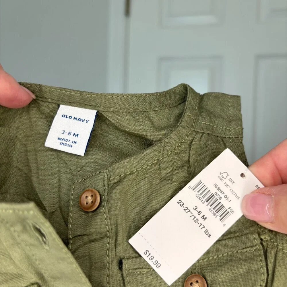 OLD NAVY NEW Short Romper Girls 3-6 Mths Green Sleeveless Pockets 2-17 lb 23-27